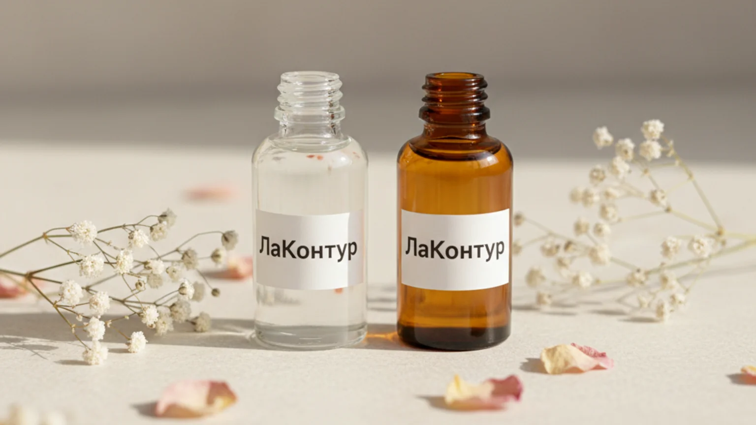 Две одинаковые баночки — символ сравнения шеллака и гель-лака Две одинаковые элегантные стеклянные баночки рядом на тёплом мраморе с букетом сухоцветов и журналом — beauty editorial символ сравнения шеллака и гель-лака