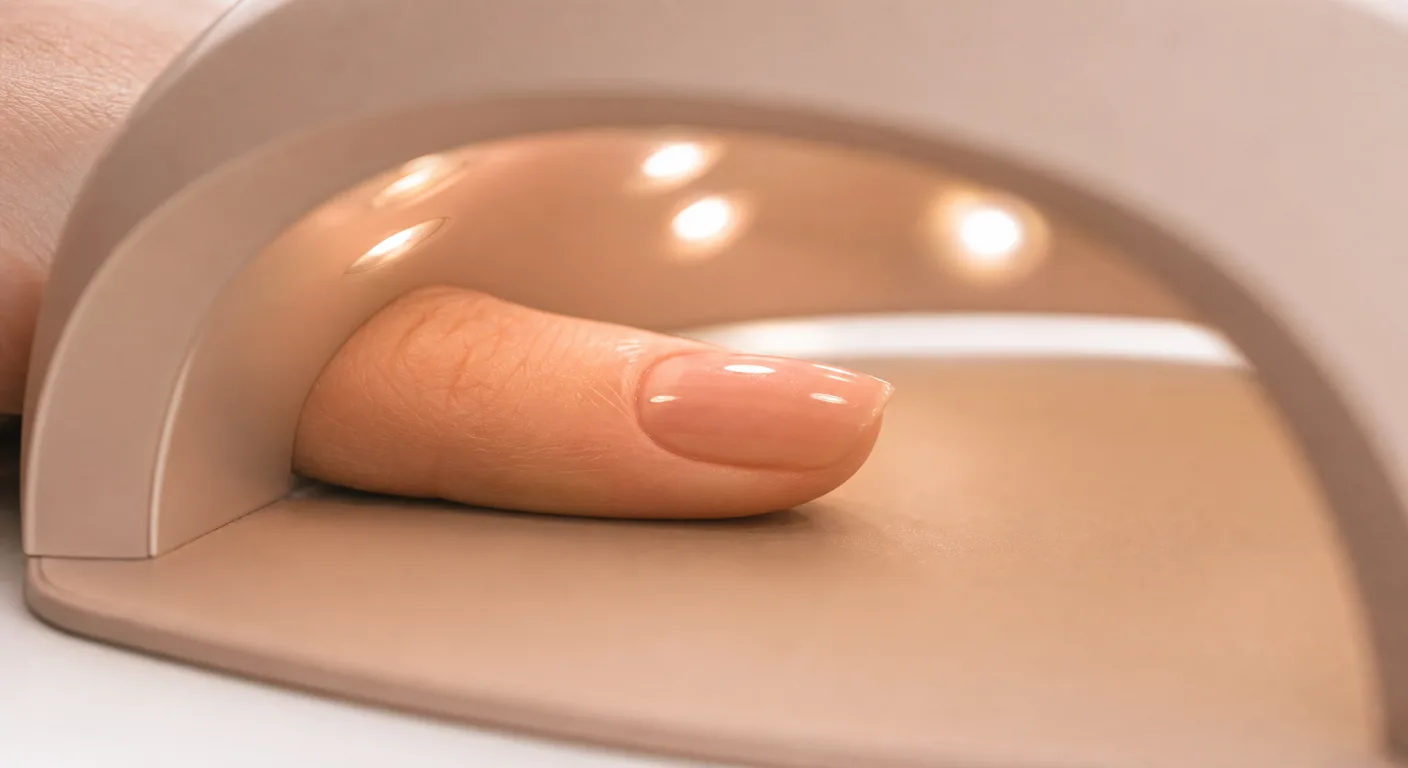 Рука клиента под УФ-лампой в нейл-студии во время полимеризации состава