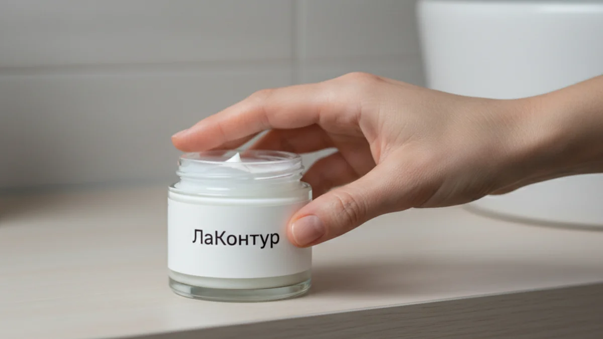 Банка крема для рук на полке в ванной комнате рядом с рукой