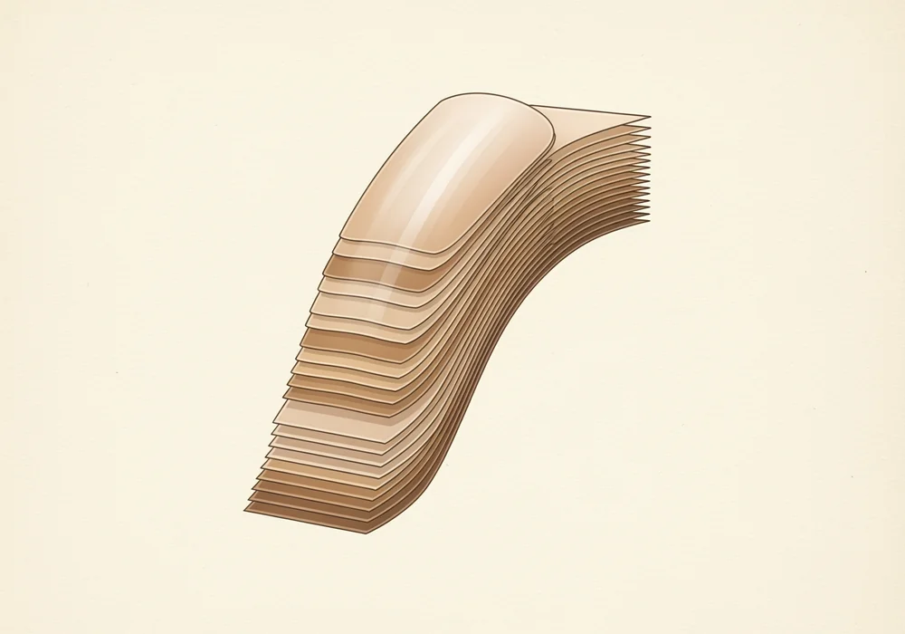 Стилизованный поперечный срез ногтя: слои кератина расположены как черепица — 50 наложенных пластин