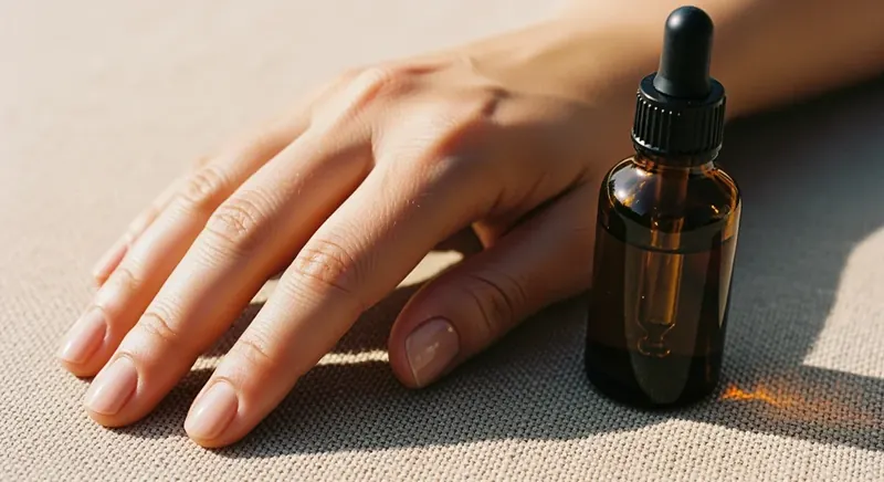 Масло для кутикулы — ежедневный ритуал ухода за ногтями Янтарный пузырёк масла для кутикулы рядом с рукой, аккуратный нейтральный маникюр — ритуал ежедневного ухода