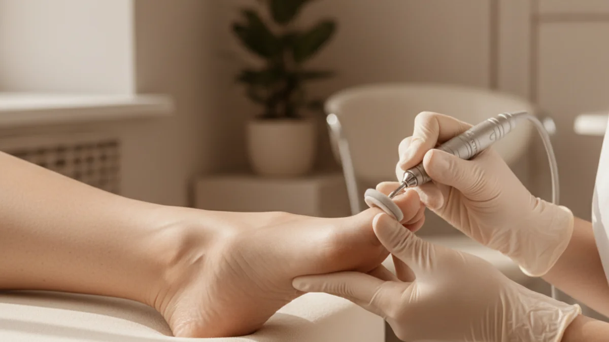 Аппаратная обработка стопы в перчатках в современной студии