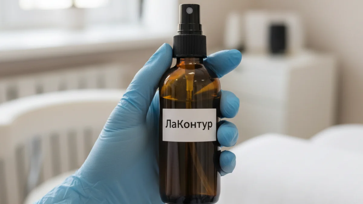Руки мастера в перчатках держат педикюрную пилку и флакон эмульсии