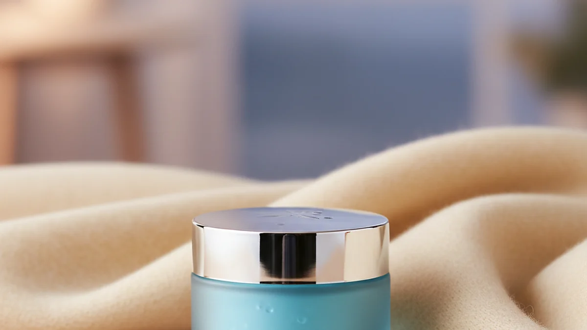 На изображении видно состояние ногтей после эстетической обработки, а не эффект лечения кожи. Поднос с бальзамом, тюбиком крема, золотым маслом и стеклянными криосферами