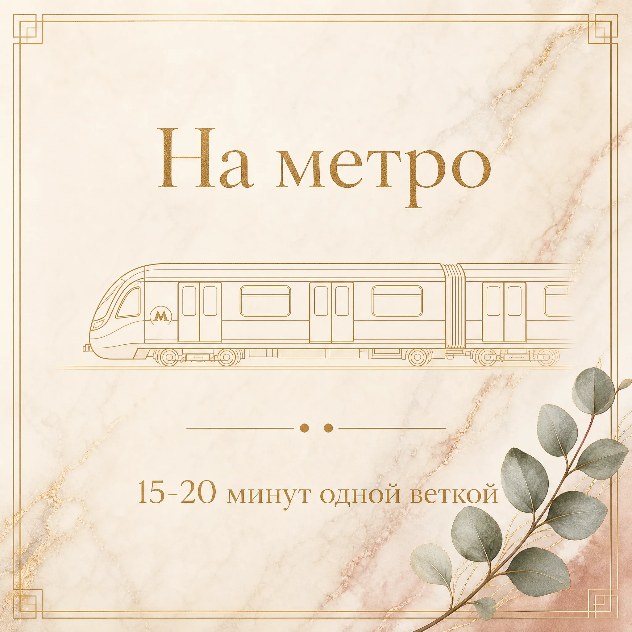 Иллюстрация «На метро, 15-20 минут одной веткой» — стилизованная карточка с золотым силуэтом вагона метро Таганско-Краснопресненской линии и двумя точками-остановками между Жулебино или Выхино и Кузьминками без пересадок